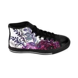 White Purple Rose Men's High Tops, Floral Print Designer High-top Sneakers Tennis Shoes