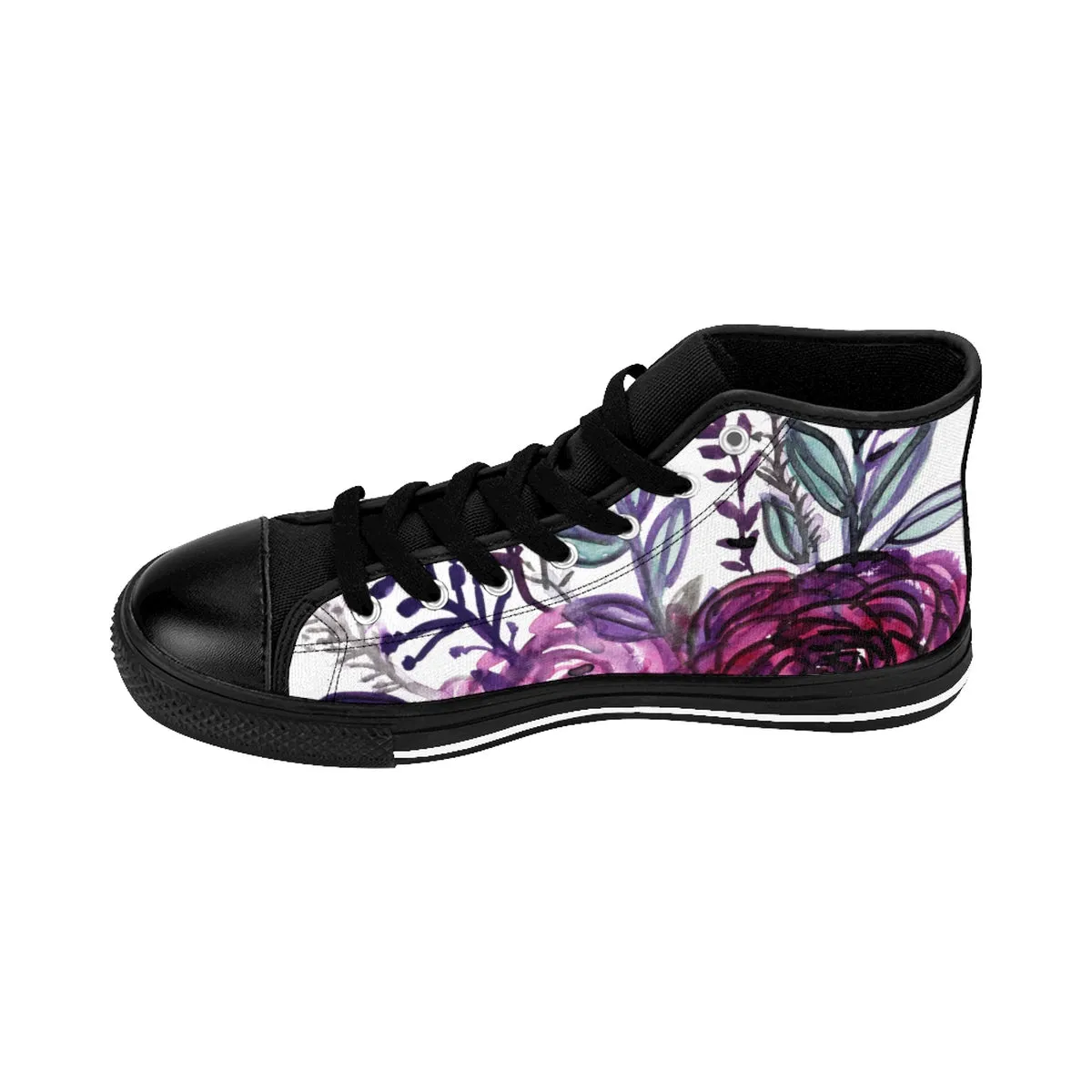 White Purple Rose Men's High Tops, Floral Print Designer High-top Sneakers Tennis Shoes