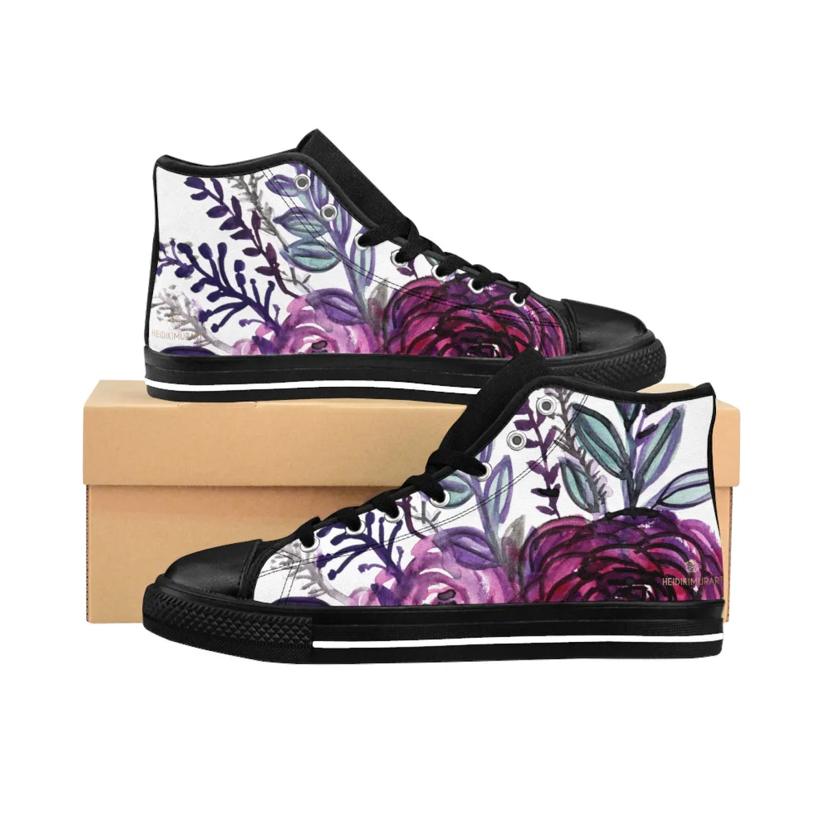 White Purple Rose Men's High Tops, Floral Print Designer High-top Sneakers Tennis Shoes