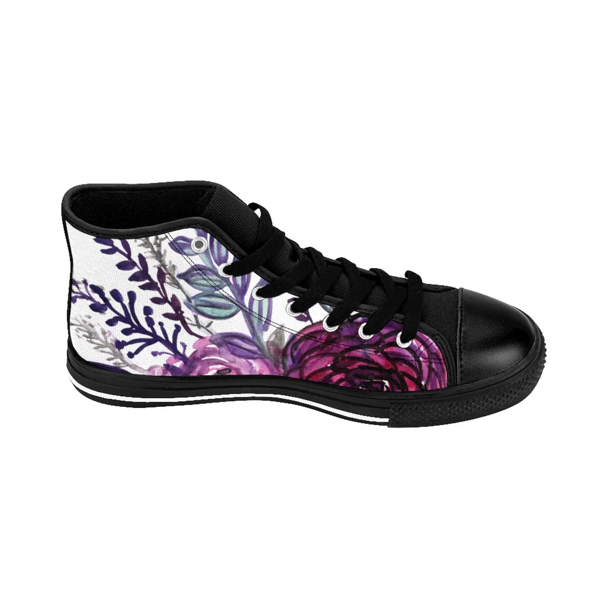 White Purple Rose Men's High Tops, Floral Print Designer High-top Sneakers Tennis Shoes