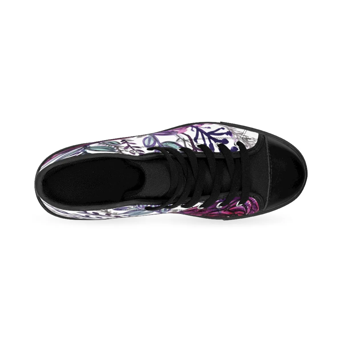 White Purple Rose Men's High Tops, Floral Print Designer High-top Sneakers Tennis Shoes