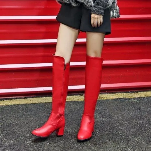 Women chunky heel comfort lining side zipper knee high boots