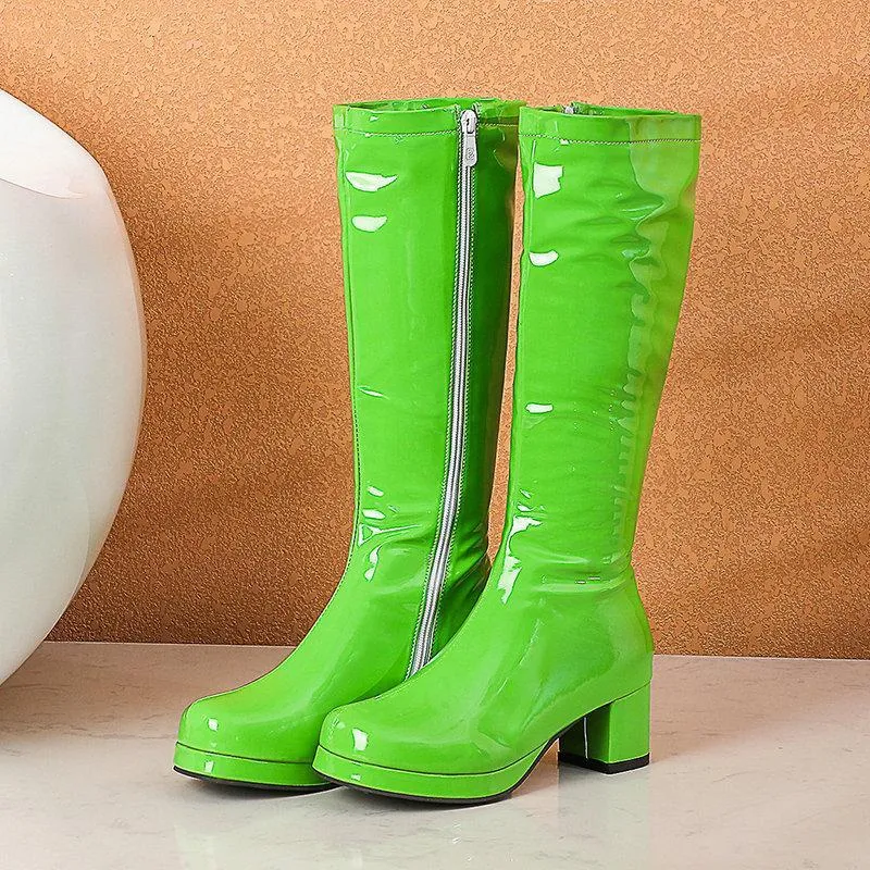 Women solid color block heel platform PU patent leather boots