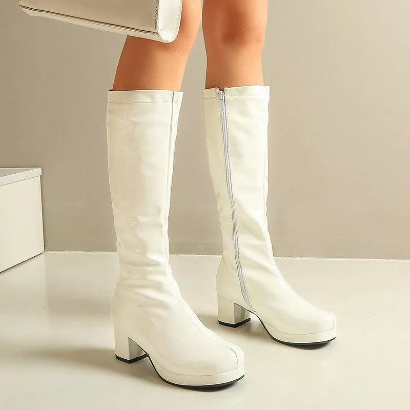 Women solid color block heel platform PU patent leather boots