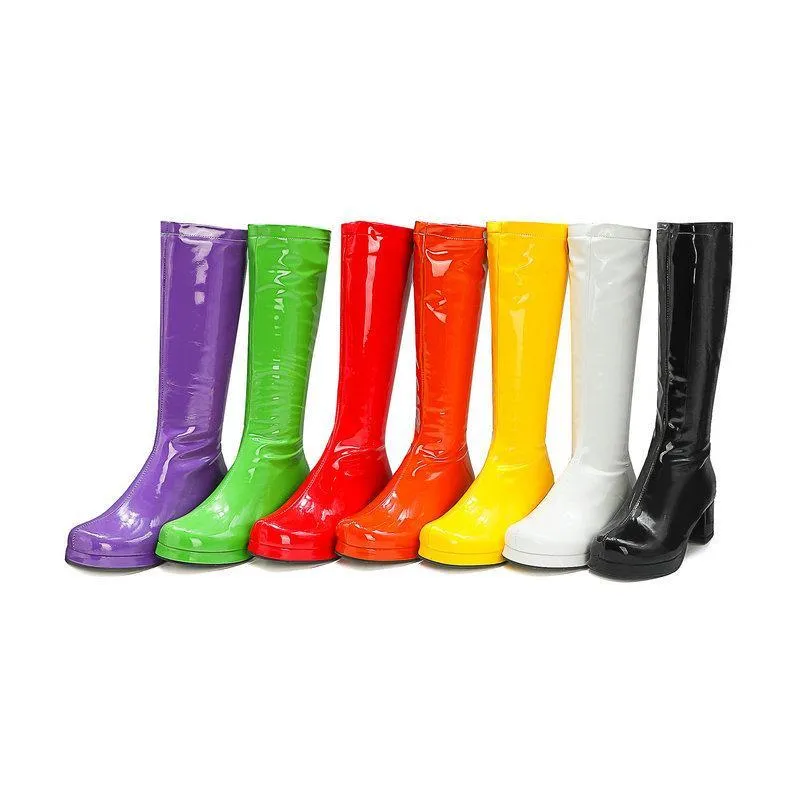 Women solid color block heel platform PU patent leather boots