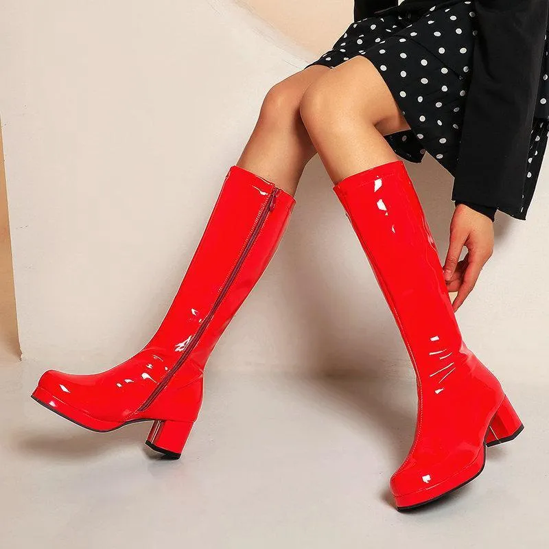 Women solid color block heel platform PU patent leather boots