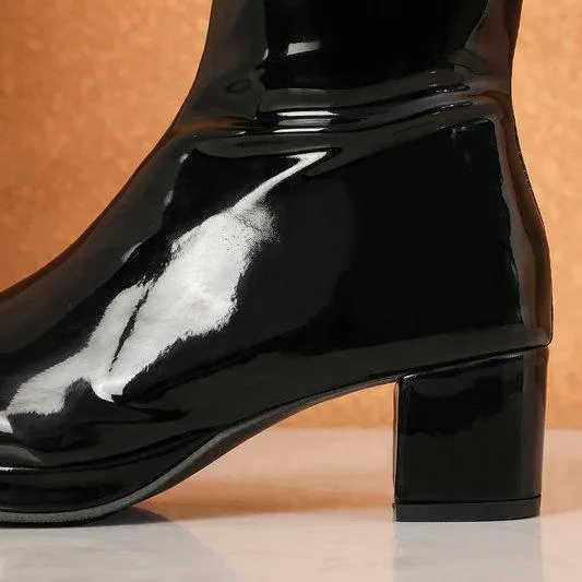 Women solid color block heel platform PU patent leather boots