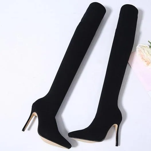 Women's black stiletto heeled stretch over the knee sock boots pointed toe thigh high boots