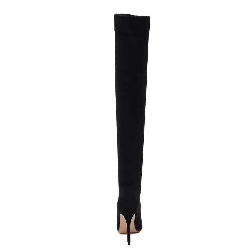 Women's black stiletto heeled stretch over the knee sock boots pointed toe thigh high boots