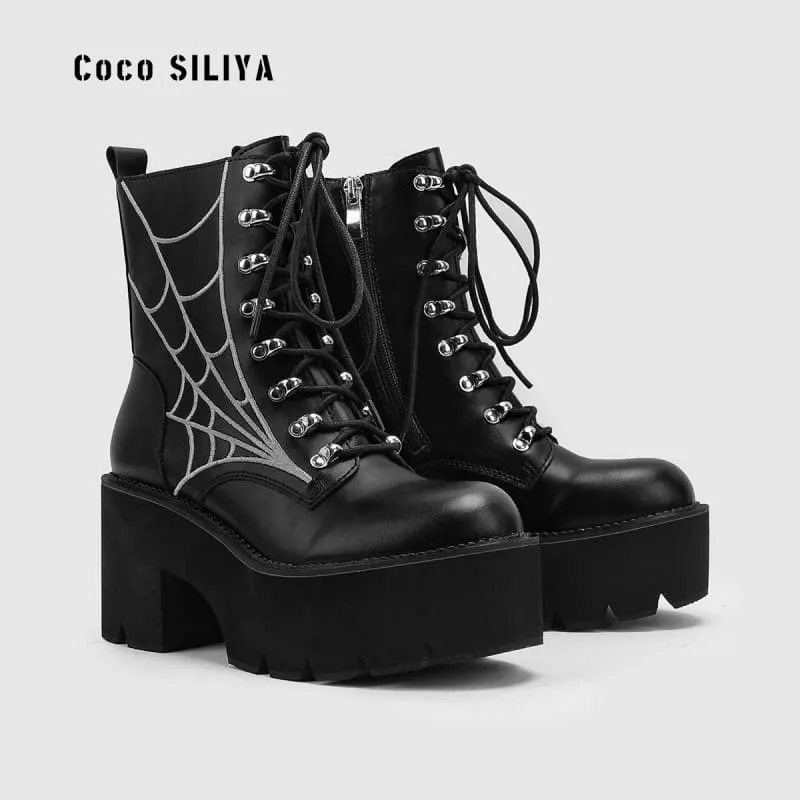 Women’s Cobweb Halloween Boots with Silver Spider Web Design