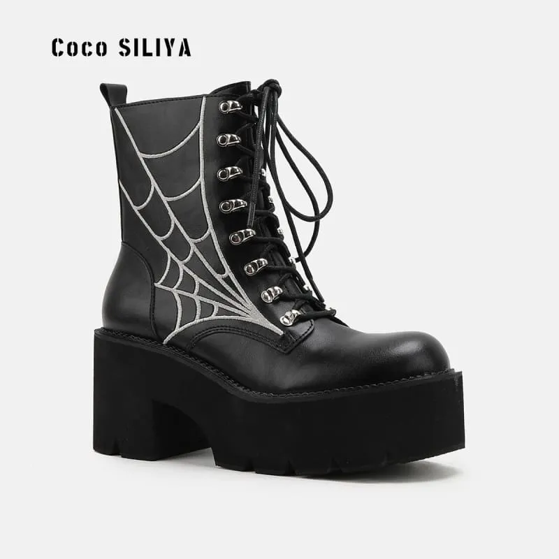 Women’s Cobweb Halloween Boots with Silver Spider Web Design