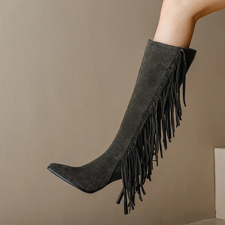 Women's Flock Pointed Toe Tassel Stiletto Heel Knee-High Boots