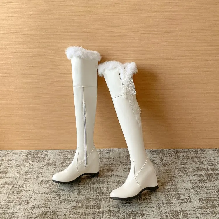 Women's Lace Fur Inside Heighten Wedge Heel Over-The-Knee Boots