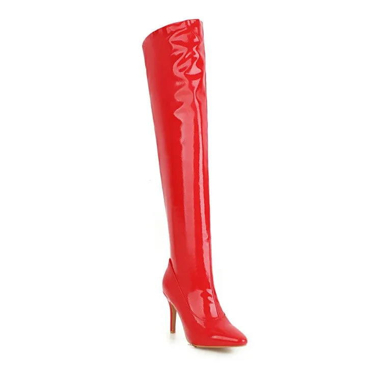 Women's Patent Leather Pointed Toe Stitching Over the Knee Stiletto Heel High Boots