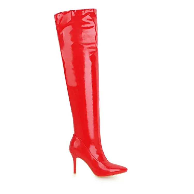 Women's Patent Leather Pointed Toe Stitching Over the Knee Stiletto Heel High Boots