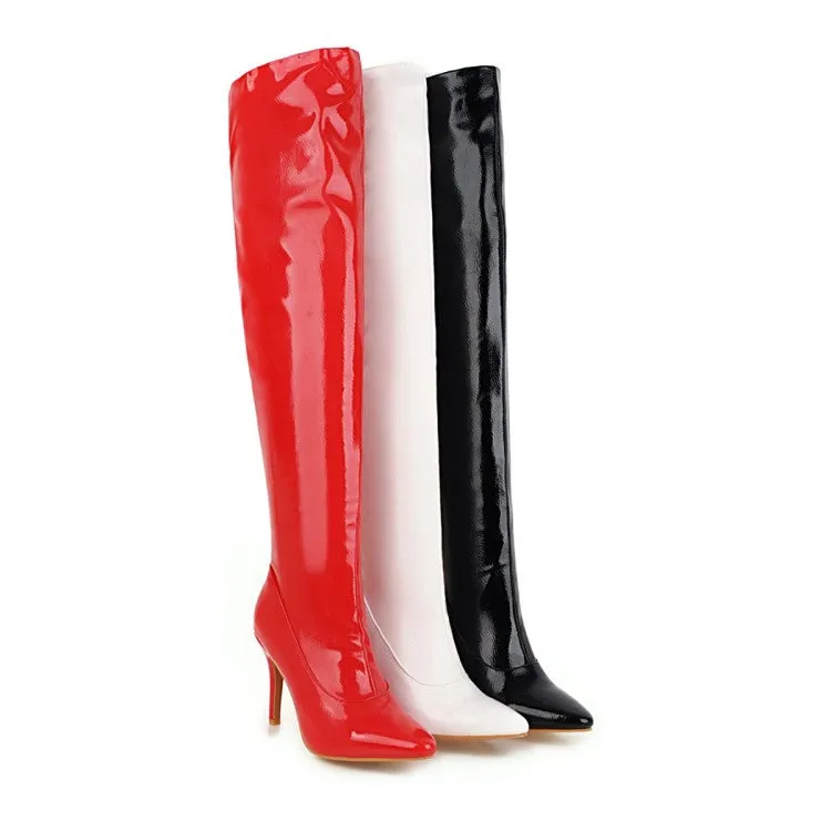 Women's Patent Leather Pointed Toe Stitching Over the Knee Stiletto Heel High Boots