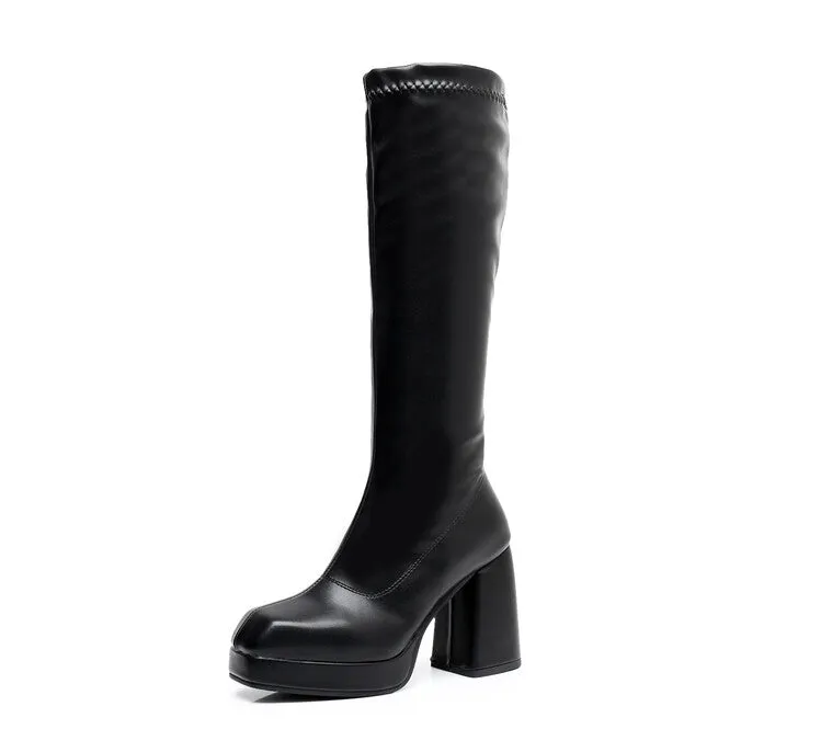 Women's Square Toe Block Chunky Heel Platform Knee High Boots