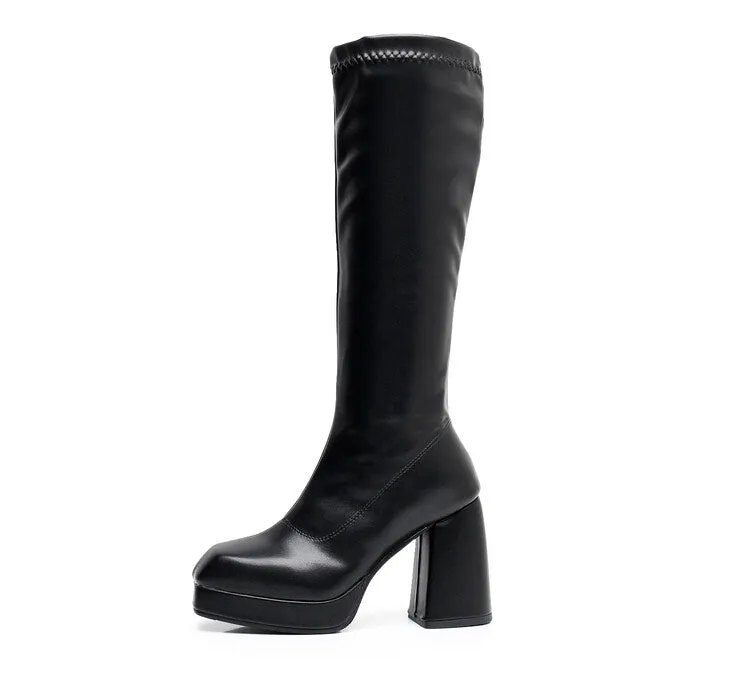 Women's Square Toe Block Chunky Heel Platform Knee High Boots