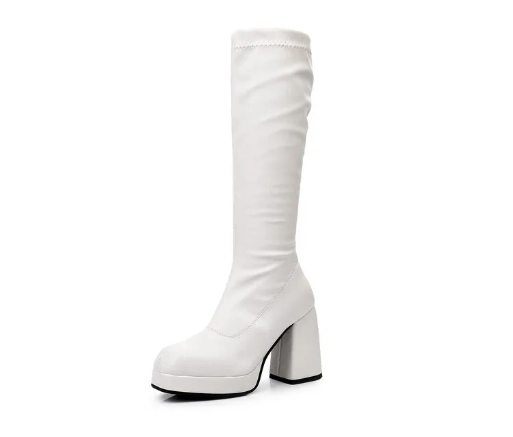 Women's Square Toe Block Chunky Heel Platform Knee High Boots