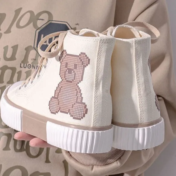 Womens Teenager Cute Bear High Top Canvas